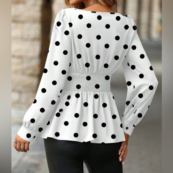 Classic Polka Dots Print Pleated Long Sleeve Top Blouse Shirt White Black - Picture 2 of 5